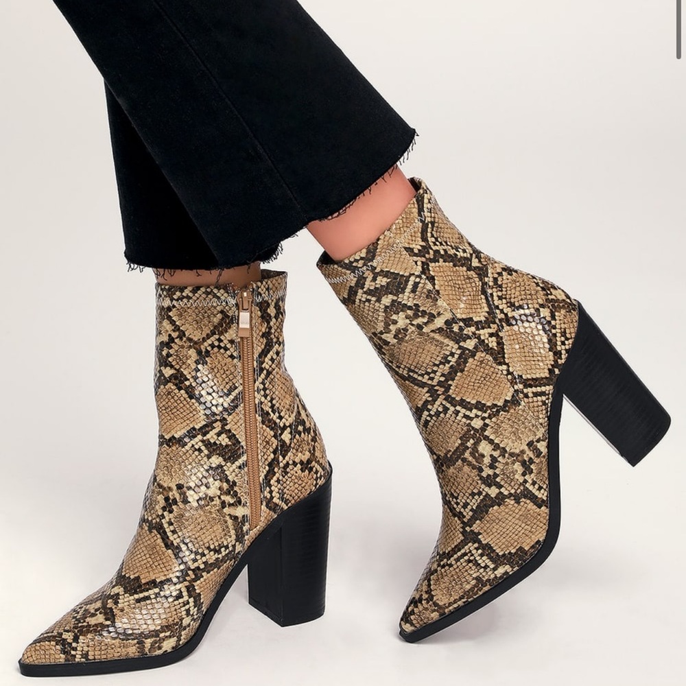 Lulus Tan Snake Mid-Calf Booties - Size 8.5 - Like New